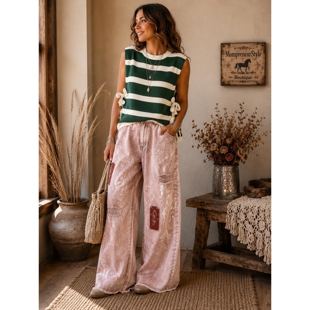 208. New Zenana Green Striped Side Tie Sweater Vest Sleeveless Top